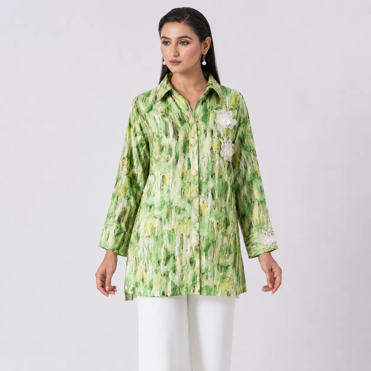 Green Abstract Printed Shirt with Lace Accents